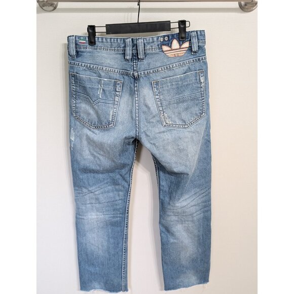 Diesel x Adidas Jeans Mens 33x28 Denim Blue Distressed Faded Raw Hem - Picture 6 of 12
